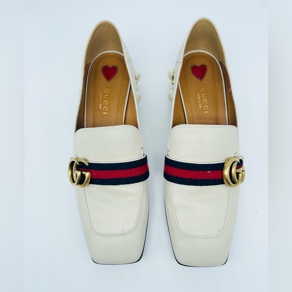 GUCCI Peyton Pearl GG Embellished Web White Cream Leather low heel loafers 37.5 - Picture 3 of 12